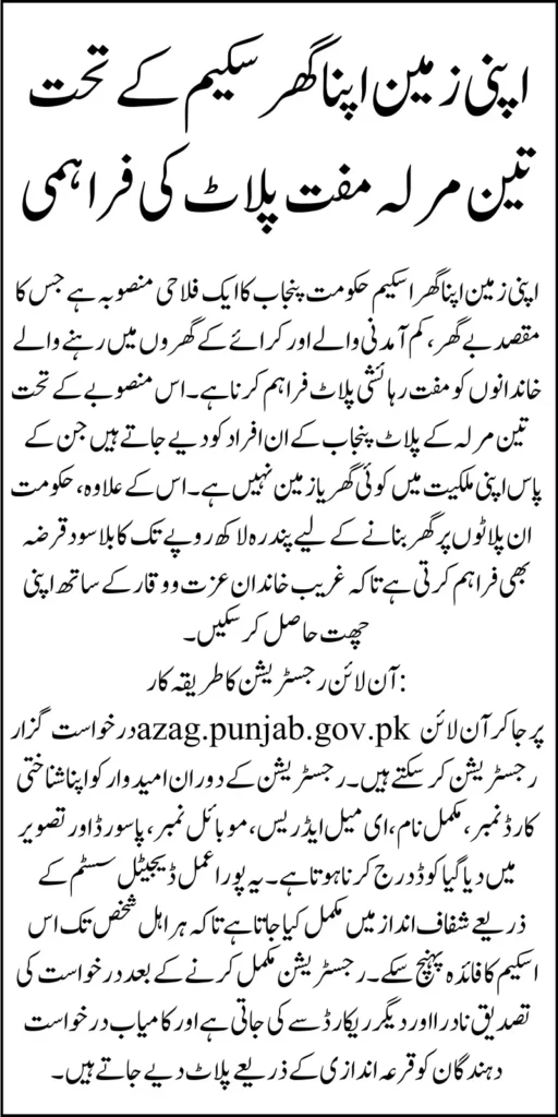 Apni Zameen Apna Ghar Initiatives Punjab For Support To Low-Income Families Having No Home For Living